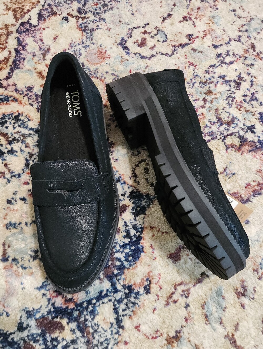 TOMS Black Metallic Suede Lug Sole Loafers Womens Cara Style Size 8 NWT